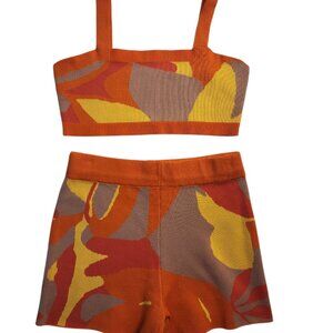 Knit Top and Shorts Set Size Small Orange Yellow Purple Pattern Crop Top